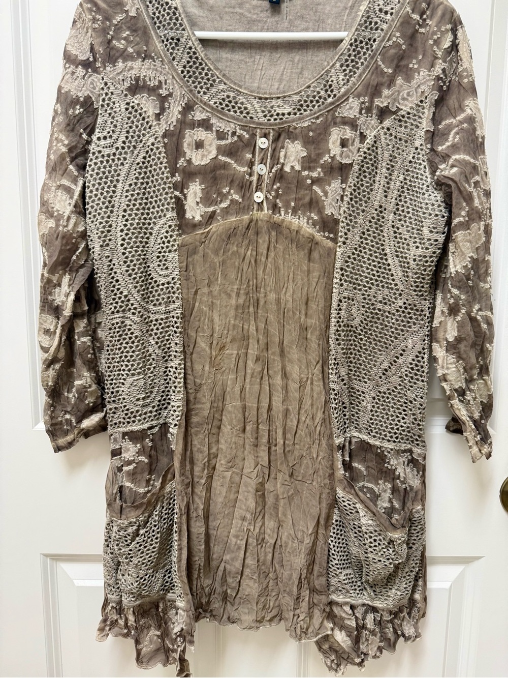 Alberto Makali Taupe Crochet-Trim Long Sleeve Tunic Dress